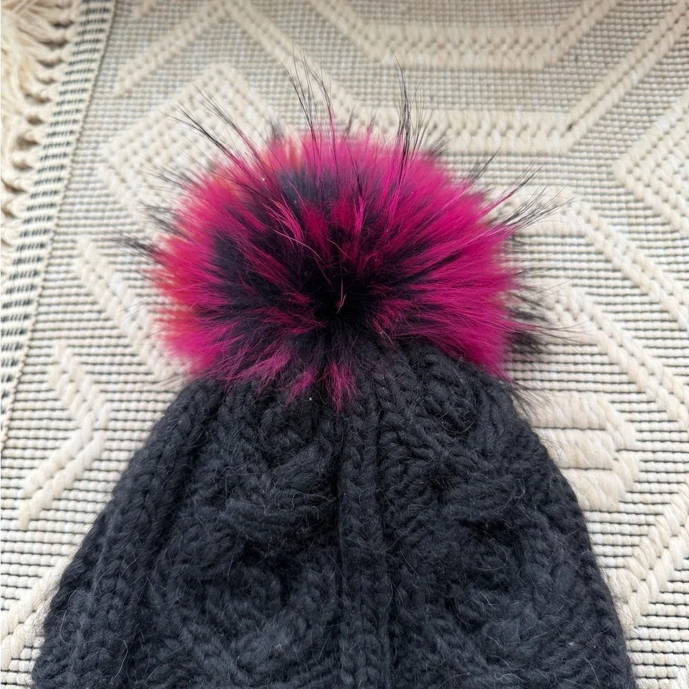 Echo alpaca l/wool blend Black Cable Knit Hat with Colorful Pom real raccoon fur